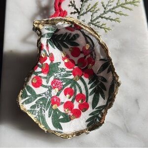 Festive Red and Green Oyster Shell Ornament with Gold Accents